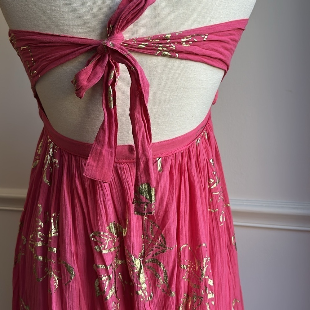 Free People Baja Babe Midi Dress Pink Gold Foil Sleeveless Medium EUC - Picture 6 of 8